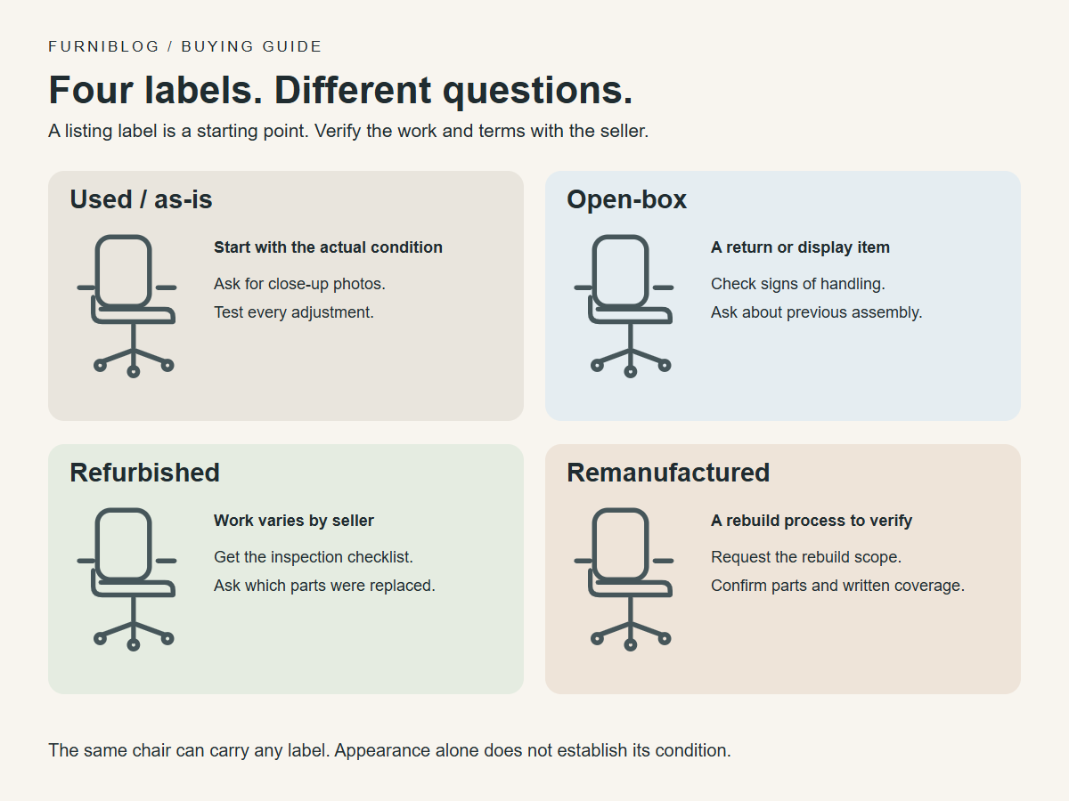 Refurbished vs Remanufactured vs Open-Box vs Used: What Chair Listings Actually Mean